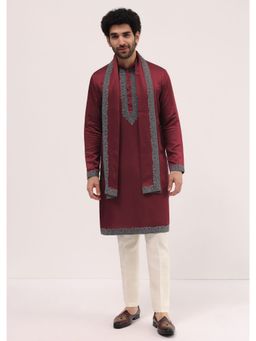 KALKI FASHION - Maroon Kurta with Pant and Dupatta for Men (Set of 3)