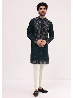 KALKI FASHION - Navy Blue Embroidered Silk Kurta with Pant for Men (Set of 2)