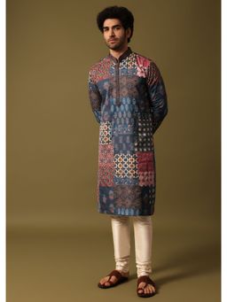 KALKI FASHION - Blue Silk Printed Kurta with Churidar for Men (Set of 2)