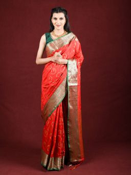 EXCLUSIVA - Red Banarasi Blended Silk Woven Saree Zari Work with Unstitched Blouse