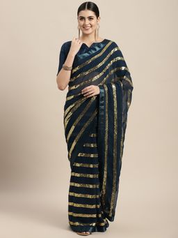 VAIRAGEE - Designer Teal Gold-Toned Striped Sequined Georgette Saree with Unstitched Blouse