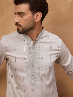 ETHNIC BAY - Men Grey Silk Blend Embroidered Straight Kurta