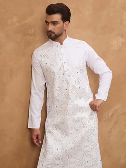 ETHNIC BAY - Men White Silk Blend Embroidered Straight Kurta