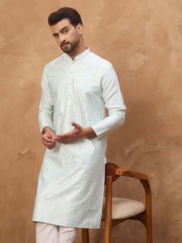 ETHNIC BAY - Men Blue Silk Blend Embroidered Straight Kurta