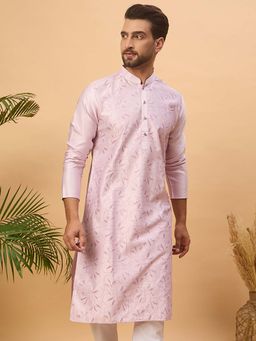 ETHNIC BAY - Men Lavender Silk Blend Embroidered Straight Kurta