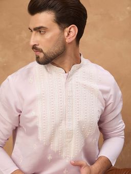 ETHNIC BAY - Men' Lavender Silk Blend Embroidered Straight Kurta