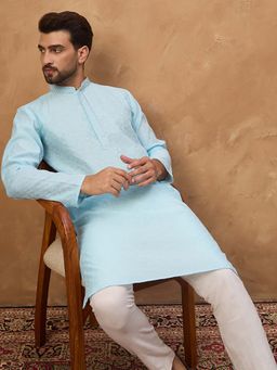 ETHNIC BAY - Men Blue Silk Blend Embroidered Straight Kurta