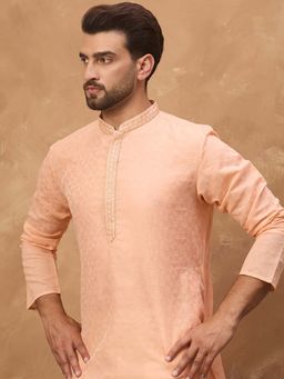 ETHNIC BAY - Men Peach Silk Blend Embroidered Straight Kurta