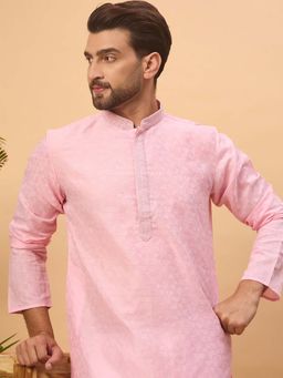 ETHNIC BAY - Men Pink Silk Blend Embroidered Straight Kurta