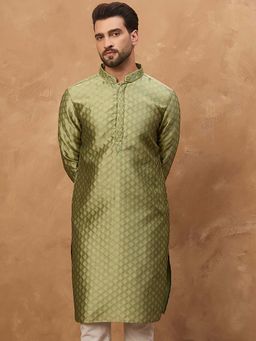 ETHNIC BAY - Men Green Silk Blend Woven Design Straight Kurta