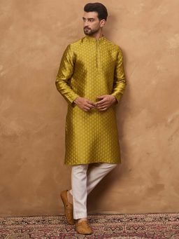 ETHNIC BAY - Men Yellow Silk Blend Woven Design Straight Kurta