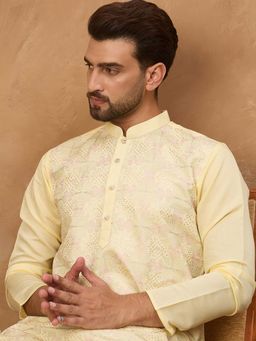 ETHNIC BAY - Men Yellow Silk Blend Embroidered Kurta
