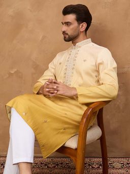 ETHNIC BAY - Men Yellow Silk Blend Others Embroidered Straight Kurta