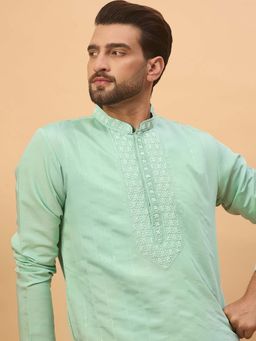 ETHNIC BAY - Men Green Silk Blend Embroidered Kurta
