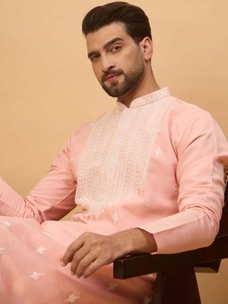 ETHNIC BAY - Men Peach Silk Blend Embroidered Straight Kurta