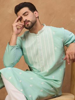 ETHNIC BAY - Men Green Silk Blend Embroidered Straight Kurta