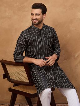 ETHNIC BAY - Men Black Silk Blend Geometric Printed Straight Kurta