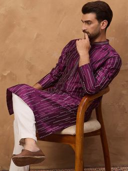 ETHNIC BAY - Men Purple Silk Blend Geometric Printed Straight Kurta