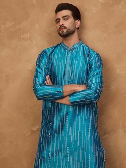 ETHNIC BAY - Men Blue Silk Blend Geometric Printed Straight Kurta