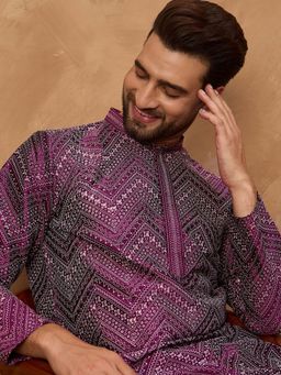 ETHNIC BAY - Men Purple Silk Blend Geometric Printed Straight Kurta