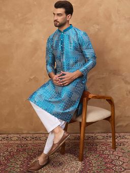 ETHNIC BAY - Men Blue Silk Blend Geometric Printed Straight Kurta