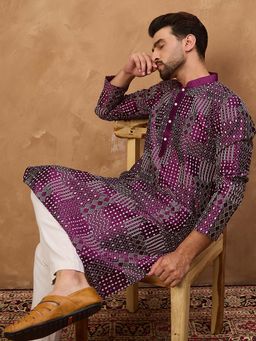 ETHNIC BAY - Men Purple Silk Blend Geometric Printed Straight Kurta