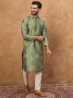 ETHNIC BAY - Men Green Silk Blend Geometric Printed Straight Kurta