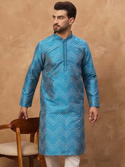 ETHNIC BAY - Men Blue Silk Blend Geometric Printed Straight Kurta