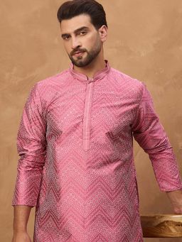 ETHNIC BAY - Men Pink Silk Blend Geometric Printed Straight Kurta
