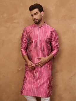 ETHNIC BAY - Men Pink Silk Blend Geometric Printed Straight Kurta