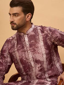 ETHNIC BAY - Men Wine Silk Blend Shibori Embroidered Straight Kurta
