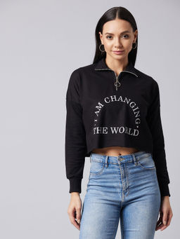 DOLCE CRUDO - Women Black Collared Full Sleeve Solid Boxy Crop Sweatshirt