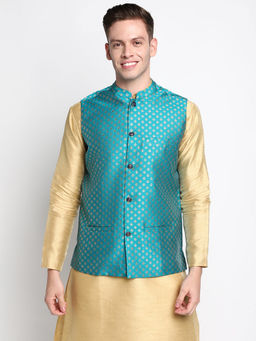 Devoiler - Men Turquoise Blue Woven Design Nehru Jacket
