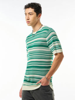 Bewakoof - Men's Gardenia & Green Striped Flatknit T-shirt