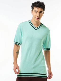 Bewakoof - Mens Blue Textured Flatknit T-shirt