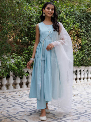 Girl Princess Kurta And Pant Set-Teal Blue
