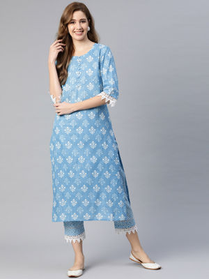 Women Sky Blue & Off White Floral Printed Kurta main image 1