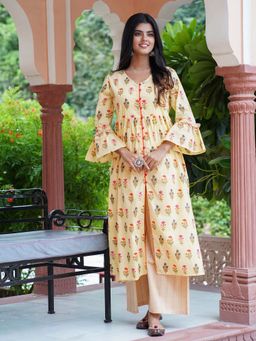 Rangmayee - Womens Cream & Pink Floral Sanganeri Block Print A-line Kurta With Trouser