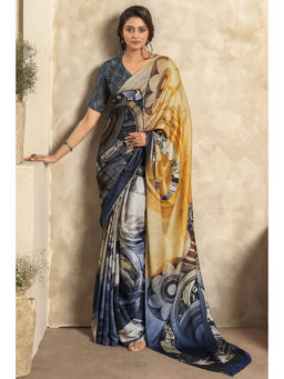 Mysilklove - Putty Yellow and Black Printed Satin Silk Saree with Unstitched Blouse