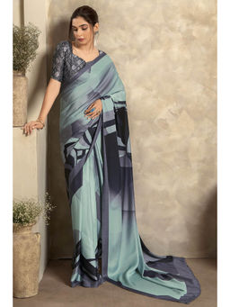 Mysilklove - Edward Blue Printed Satin Silk Saree with Unstitched Blouse