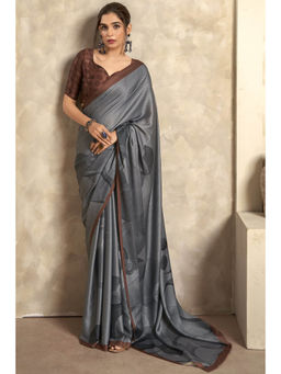 Mysilklove - Fossil Grey Printed Satin Silk Saree with Unstitched Blouse