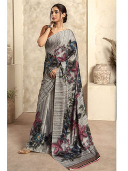 Mysilklove - Anchor Grey Printed Satin Silk Saree with Unstitched Blouse