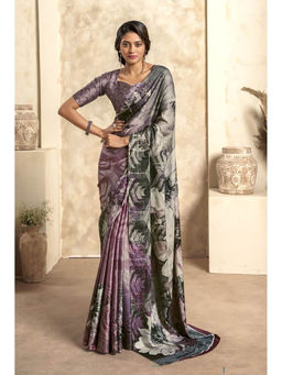 Mysilklove - Mauve Purple and Grey Printed Satin Silk Saree with Unstitched Blouse