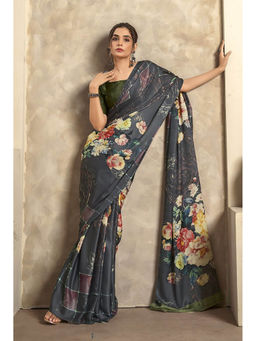 Mysilklove - Iron Ore Black Printed Satin Silk Saree with Unstitched Blouse