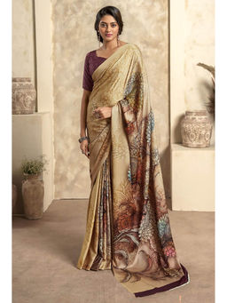 Mysilklove - Rich Cream Printed Satin Silk Saree with Unstitched Blouse