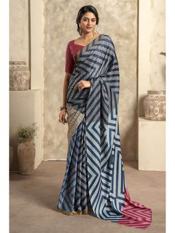 Mysilklove - Usafa Blue Printed Satin Silk Saree with Unstitched Blouse