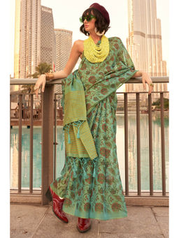Mysilklove - Sage Green Printed Tissue Saree with Unstitched Blouse