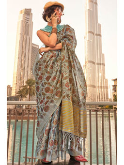 Mysilklove - Flint Grey Printed Tissue Saree with Unstitched Blouse