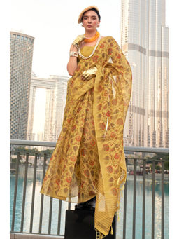 Mysilklove - Sunflower Yellow Printed Tissue Saree with Unstitched Blouse