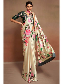 Mysilklove - Negroni Cream Printed Satin Silk Saree with Unstitched Blouse
